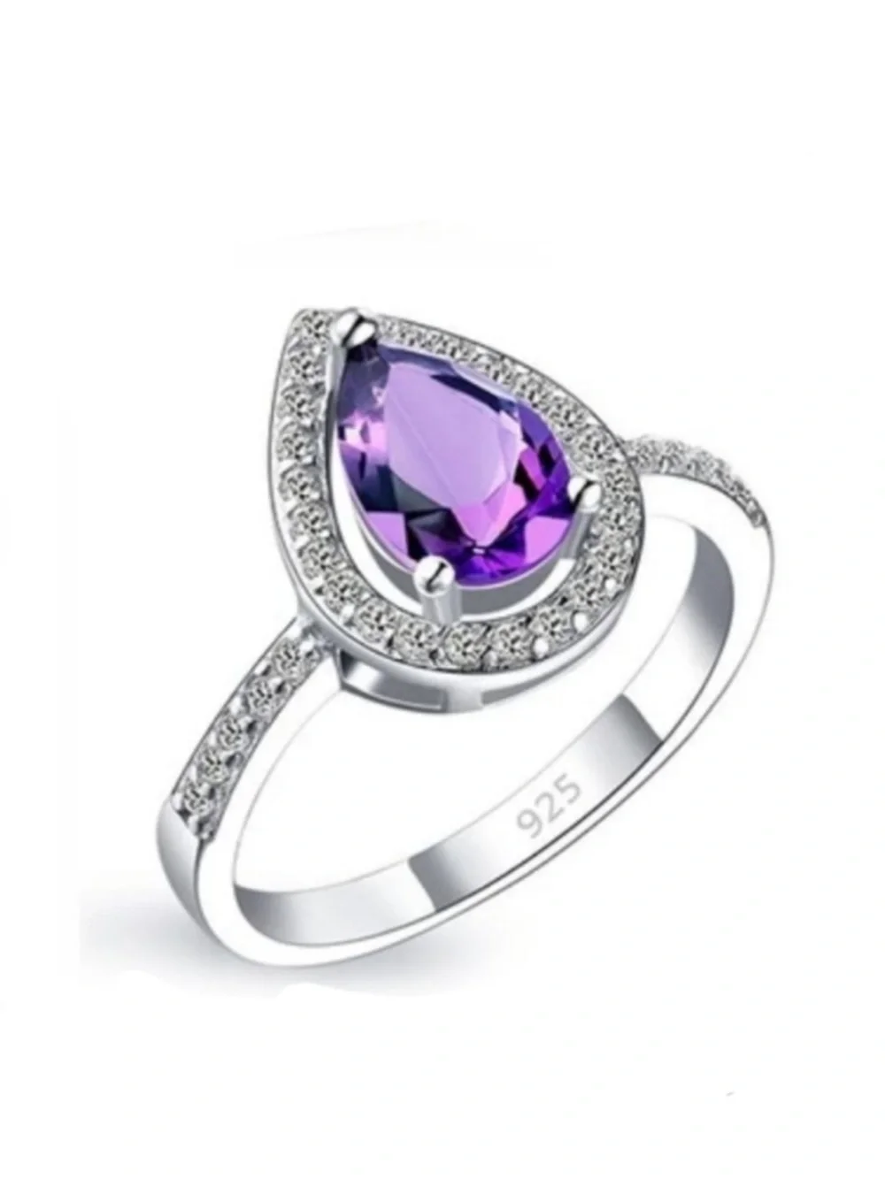 Swarovski Elements 925 Sterling Silver Amethyst Purple Teardrop Ring NEW
